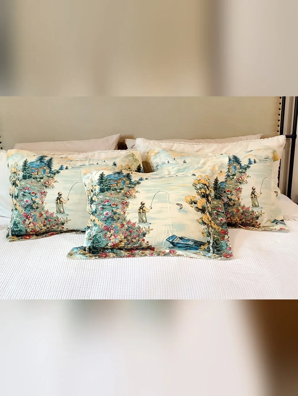 3 Vintage Pillow Shams Fisherman/Cabin/Mountains Creamy Ivory/Blues EUC